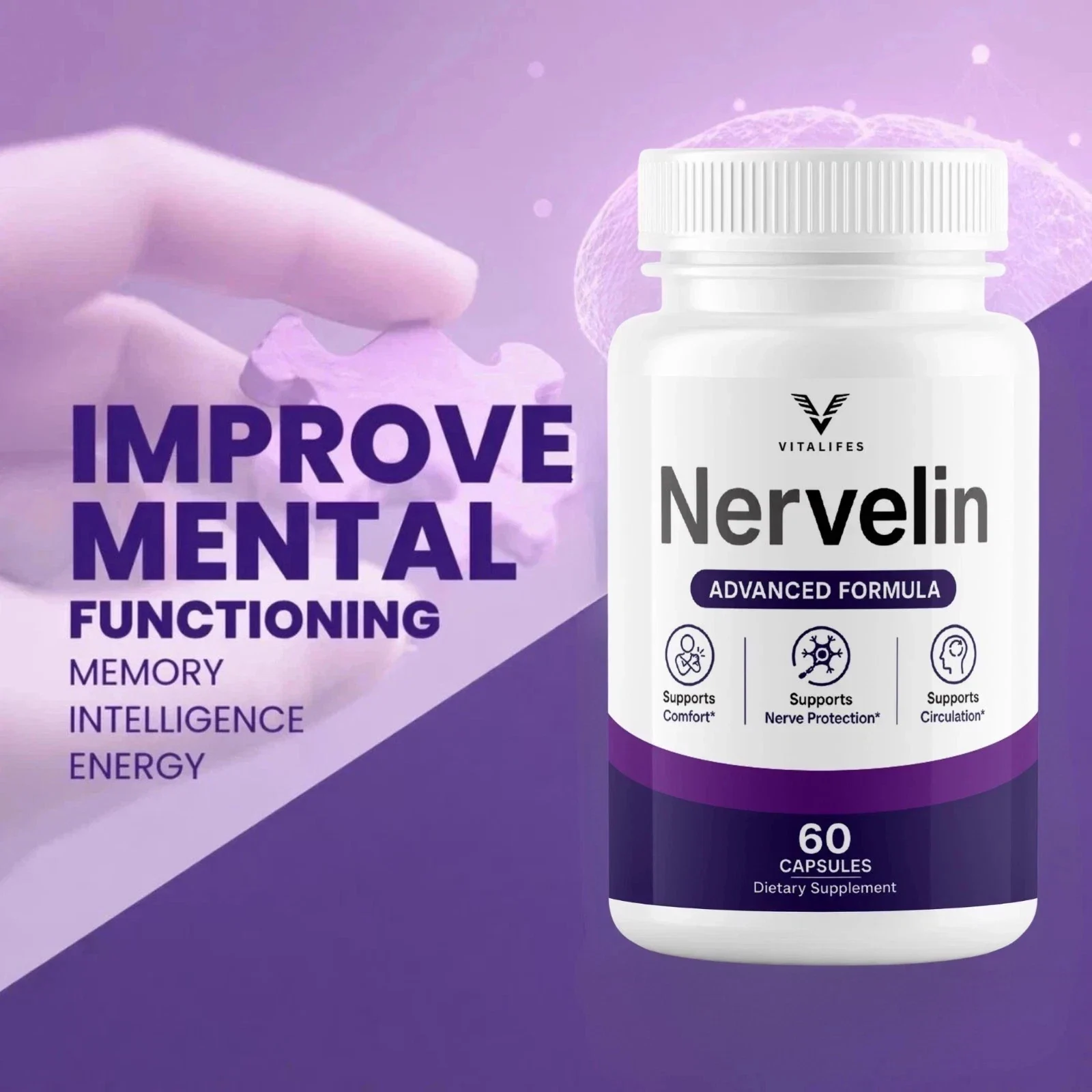A seller-supplied Nervelin marketing panel, a head-and-brain graphic above its own headline