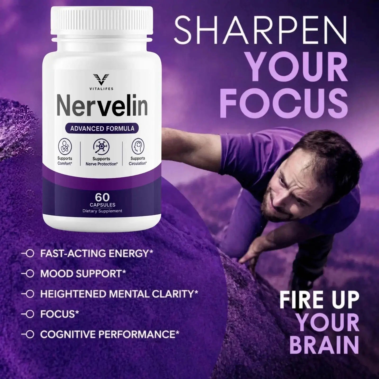 A second seller-supplied Nervelin marketing panel, a lit-filament graphic above a list of its own headings